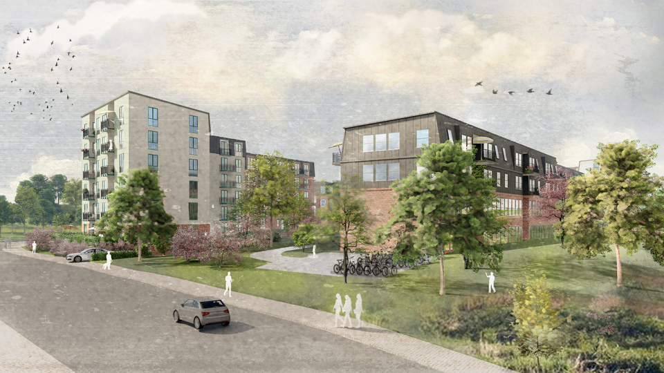 Flervåningshus i grönområde