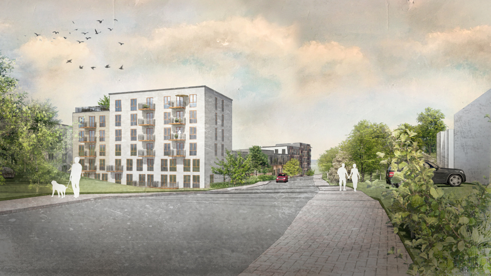 Ljusa flervåningshus i grönområde med buskar och träd intill väg. Siluetter av människor här och där, illustration.