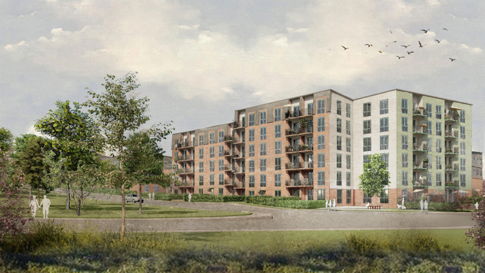 Flervåningshus omgivna av träd och grönområden, illustration.