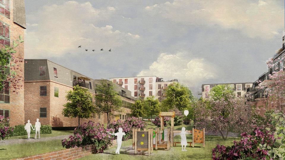Innergård med lekplats, buskar och träd, illustration.