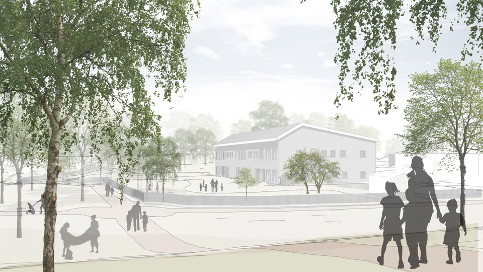 Ett grönområde där flera familjer promenerar. I bakgrunden syns ett grått hus i två våningar. Illustration.