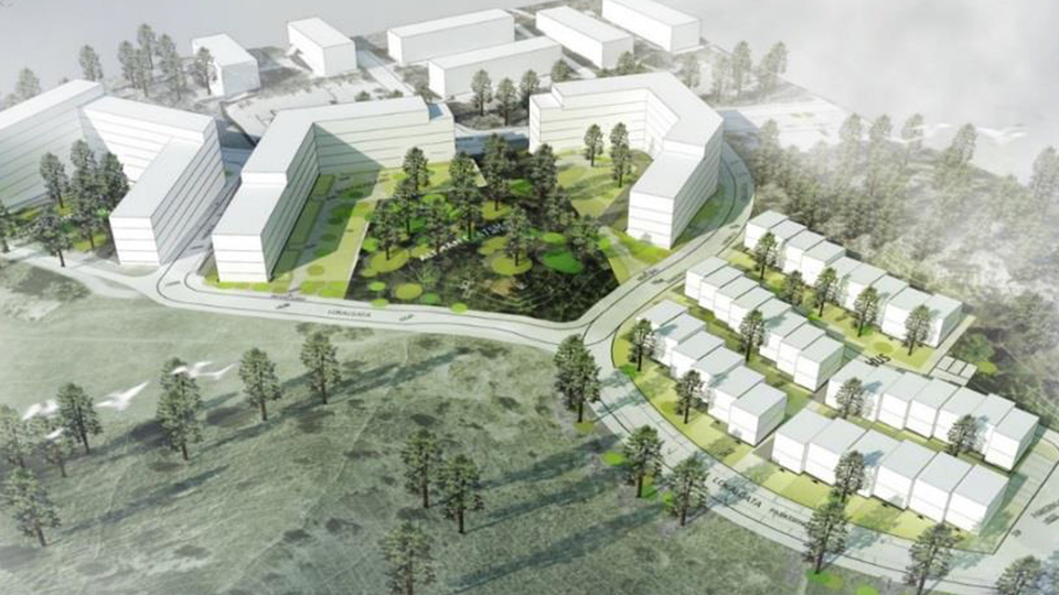 Vy över området med ny bebyggelse utritad, illustration.