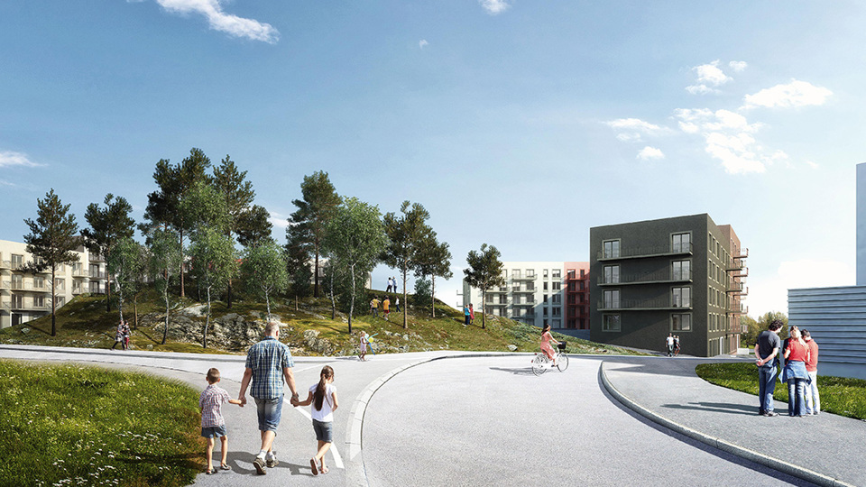 Människor i rörelse på trottoar, i lätt uppförsbacke, i bakgrunden syns en liten skogsdunge och område med flerbostadshus, illustration.