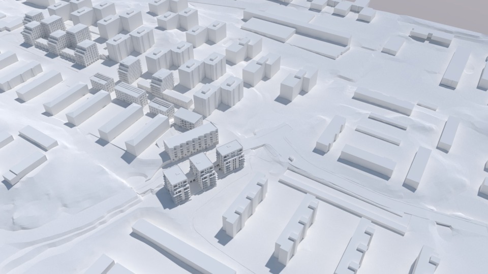 Skiss ovaninfrån över de planerade flerbostadshusen med omgivning. Illustration