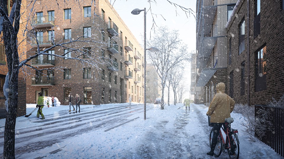 Flerbostadshus med tegelfasad på båda sidor om gatan, Människor i rörelse som skottar snö och promenerar. Träd  vid gatan. Illustration