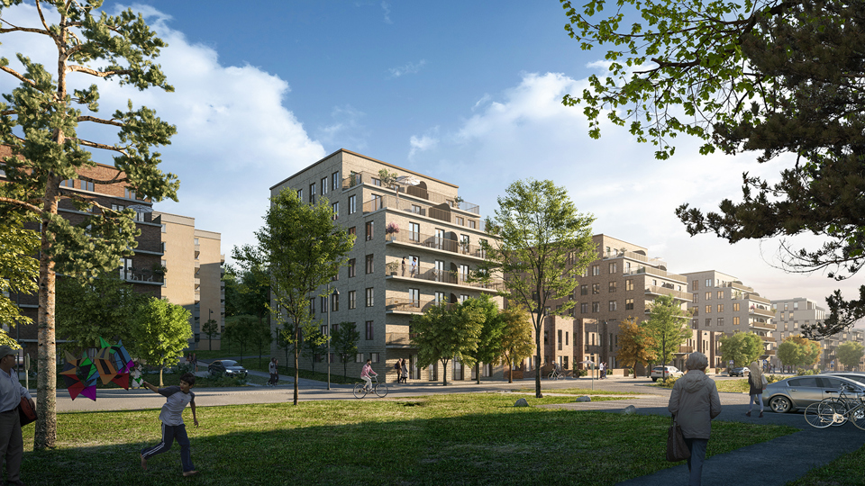 Flerbostadshus längs gata. Gröna ytor på andra sidan gatan. Träd, bilar och människor i rörelse. Illustration