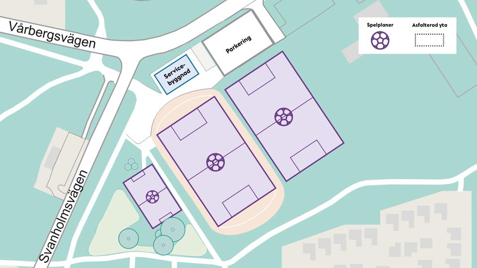 Karta över spelplanerna och servicebyggnaden på Vårbergs idrottsplats, illustration.
