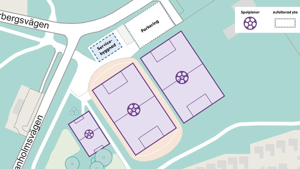 Ritning över spelplanerna, parkeringen och den nya servicebyggnaden, illustration.