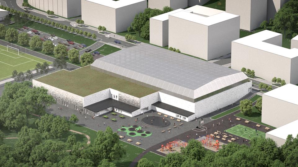 Multihallen föreslås bli en byggnad med stor volym och där huskropparna har olika takhöjder. Intill multihallen föreslås ytor för spontanidrott, illustration. 