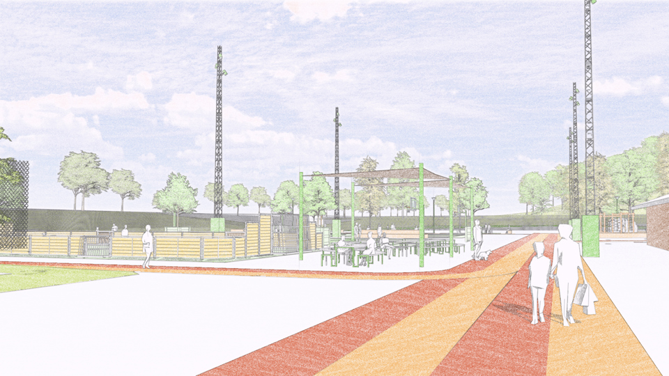 Sittplatser under pergola och intill finns målade löparbanor, illustration.