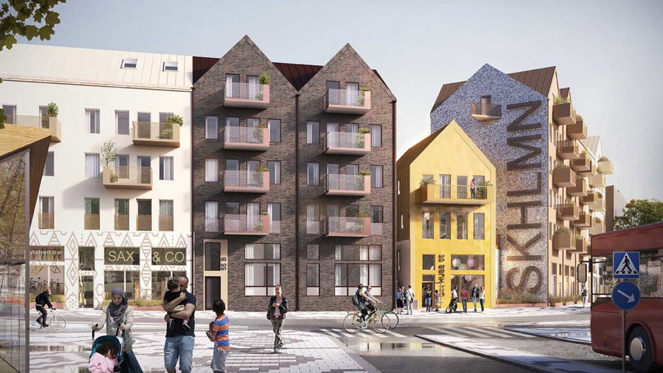 Flerbostadshus i olika storlekar och olika typer av fasad och färger, längs gata vid ett torg. Bottenvåningar med butiker. Människor i rörelse. Till höger skymtar en buss. Illustration