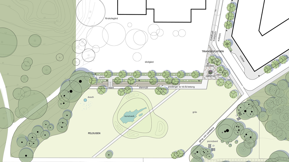Kartbild som visar parken Pelousen. Utmarkerat är bland annat konstverk, gräsytor, skolgård och förskolegård, trappa och gradänger, cykel- och gångbanor, träd, solstolar och planteringar.