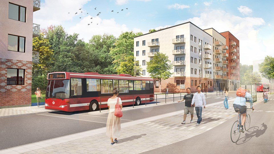 Visionsbild som visar ny föreslagen bebyggelse norr om Vårbergsvägen. Längs gatan ses en SL-buss, gång- och cykeltrafikanter. Illustration