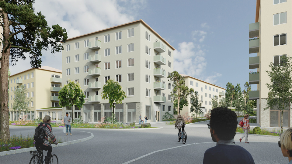 Flerbostadshus i ljusa färger vid gatukorsning. 5-6 våningar höga. Träd och planterade växter. Människori rörelse. Illustration
