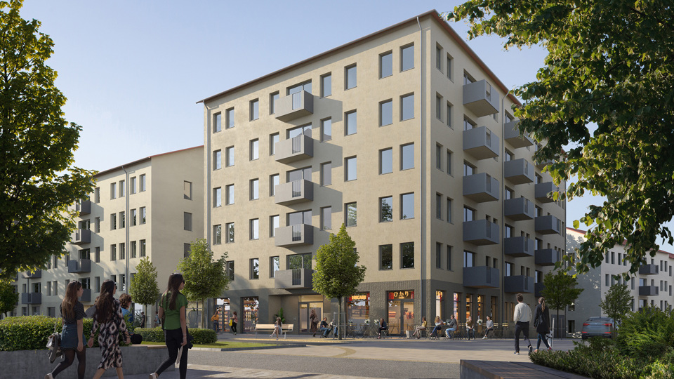 Flerbostadshus med 5-6 våningar vid en gata. Träd, människor i rörelse och butikslokaler i husens bottenvåningar. Illustration