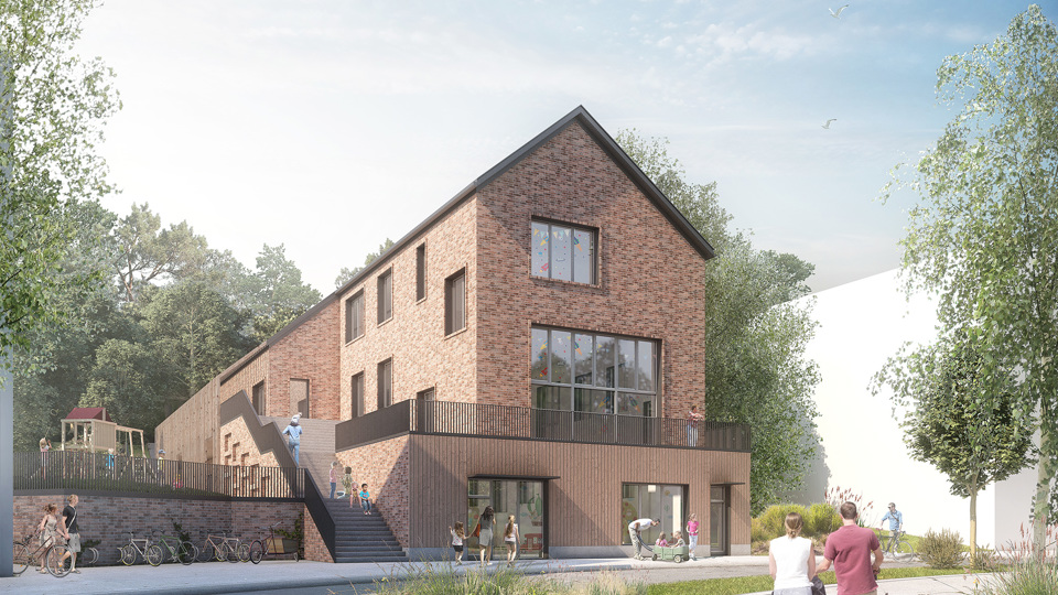 Ett hus i tre våningar med fasad av tegel. Trappor och inhägnad lekgård vid huset. Gata nedanför huset. Människor i rörelse. Illustration