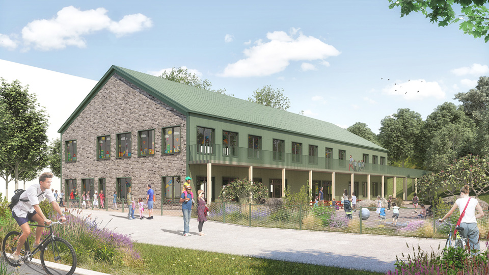 Skolbyggnad och inhägnad skolgård. Lekytor och lekande bar på skolgården. Människor i röelse utanför skolgården, på gång- och cykelväg. Illustration