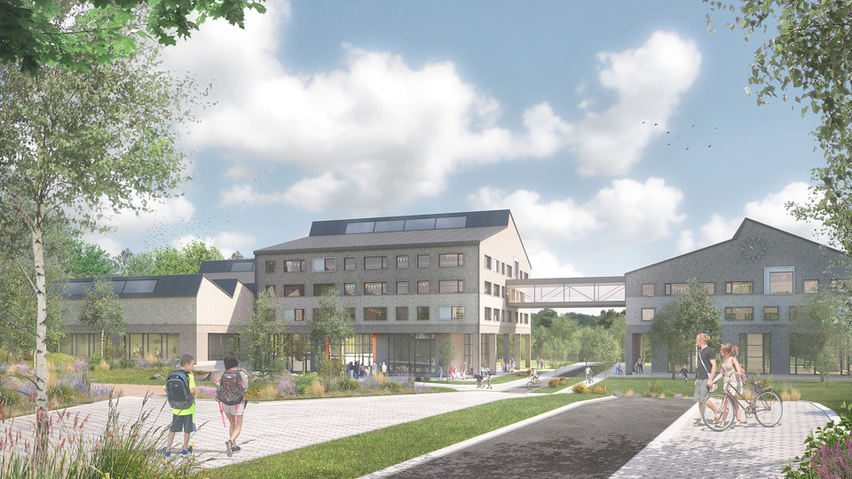 Skolgård framför skolbyggnader. Träd, gångbanor och gröna ytor på skolgården. Barn som går och cyklar. Illustration