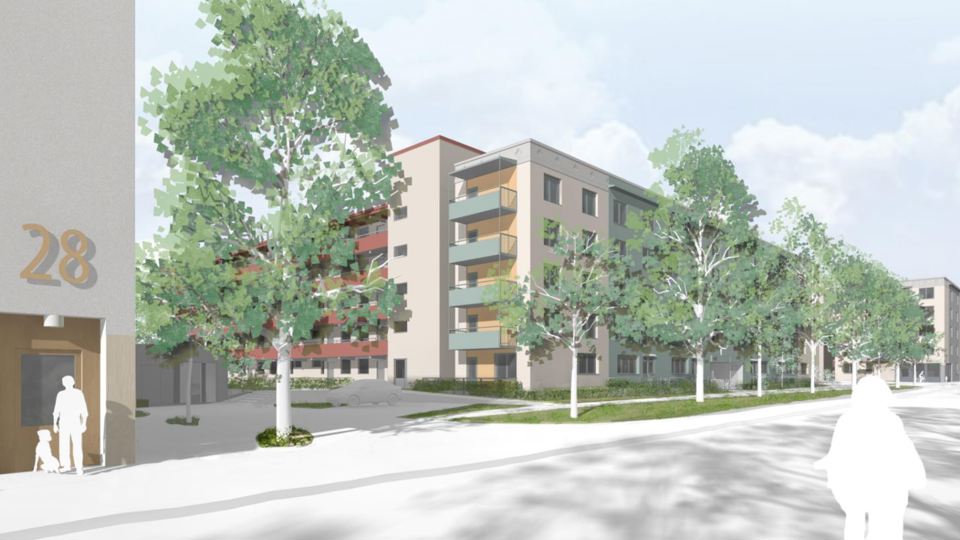 Hus och träd i riktning västerut längs Byälvsvägen, illustration.