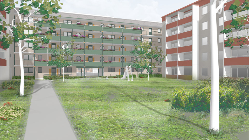 Gård med gröna balkonger, gräs, träd och flerbostadshus i bakgrunden, illustration.