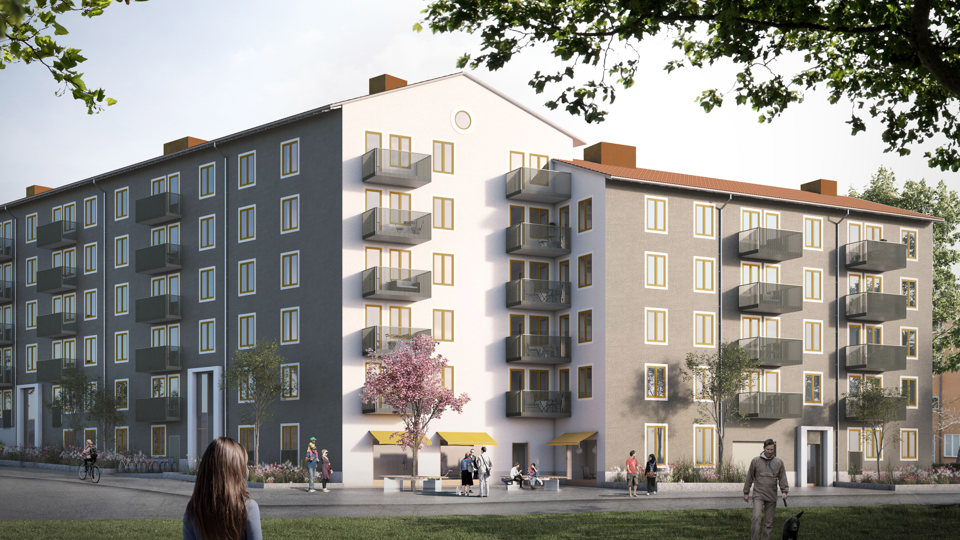 Flerbostadshus i vinkel med väg och gräsmatta framför. Människor  i rörelse, illustration.