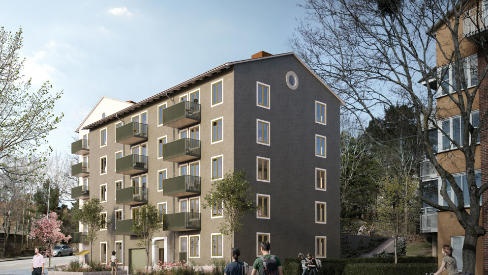 Flerbostadshus sett snett framifrån. Människor som cyklar och promenerar, illustration.