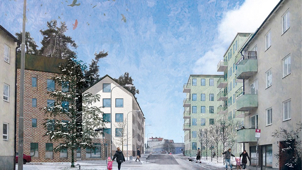 Illustrationsbild som visar den föreslagna bebyggelsen sett från korsningen Halmstadsvägen/Simrishamnsvägen.