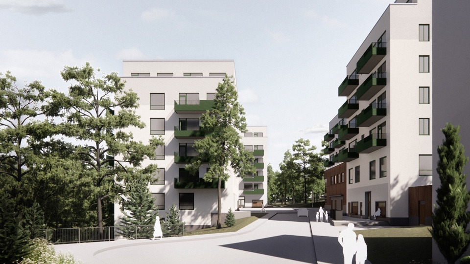 Vy mot område med flerbostadshus, illustration.