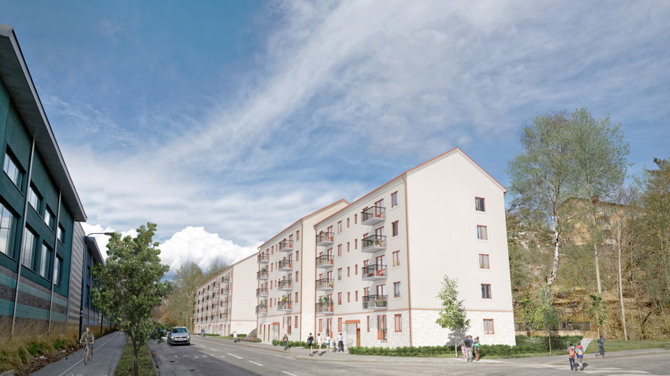 Länga med flerbostadshus längs med bilväg, människor i rörelse, illustration.