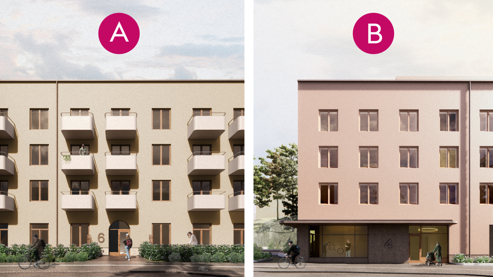 Två bilder på fasader på två ljusa flervåningshus. De är utmärkta med bokstäverna "A" och "B" skrivet i rosa cirklar, illustration.