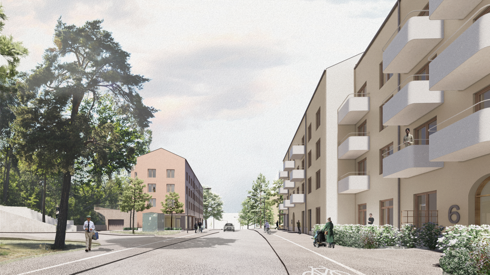 Illustration av en otrafikerad gata med två flerbostadshus på var sida av gatan. 