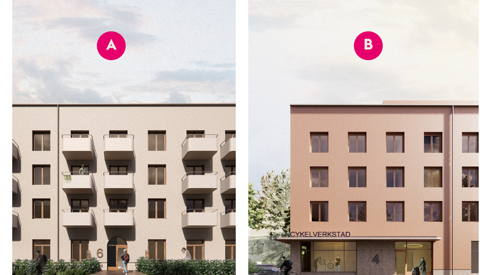 Två bilder på fasader på två ljusa flervåningshus. De är utmärkta med bokstäverna "A" och "B" skrivet i rosa cirklar, illustration.