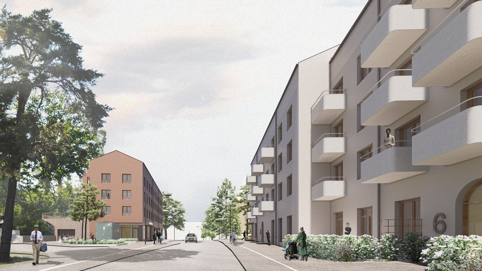 Flervåningshus och träd intill Sparrmansvägen, illustration.