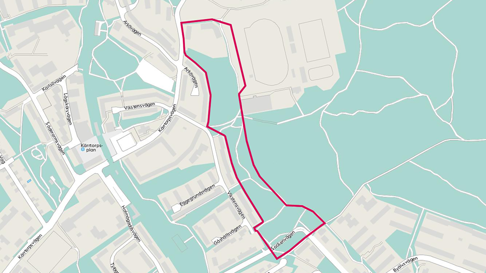 Karta över Kärrtorp där det planerade området är markerat med rött.