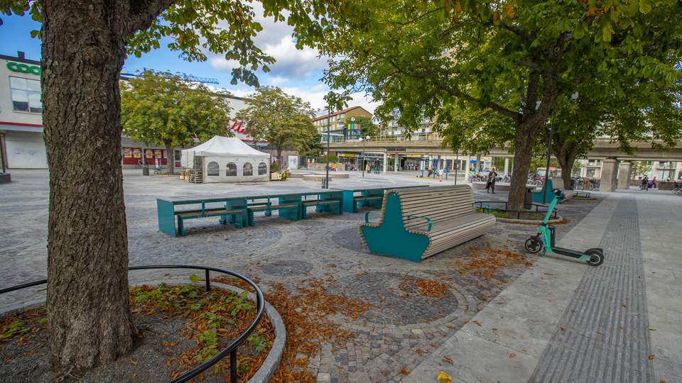 Bänkaroch sittytor på torg, torghandel, träd, butiker i bakgrunden, fotografi.