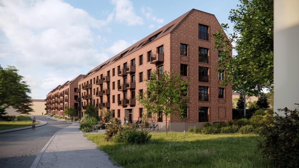 Visionsbild över planförslaget från Holmögaddsvägen. Bilden visar planområdet och förgårdsmarken, sett från söder.