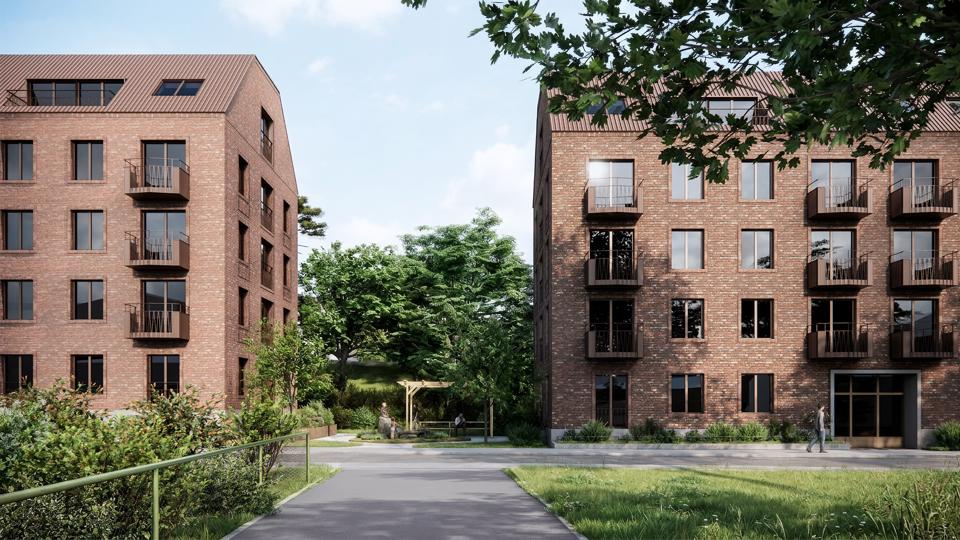 Visionsbild av släppet mellan hus A och B. Bilden visar området sett från Skarpnäcks skola.