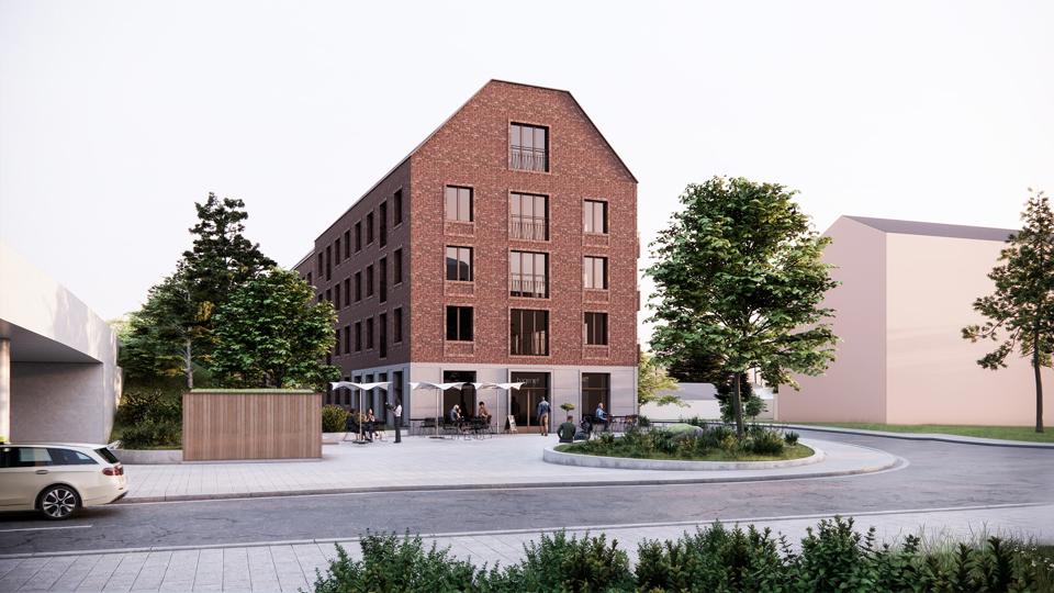 Visionsbild av torget och lokalen. Bilden visar området sett från nordväst. 