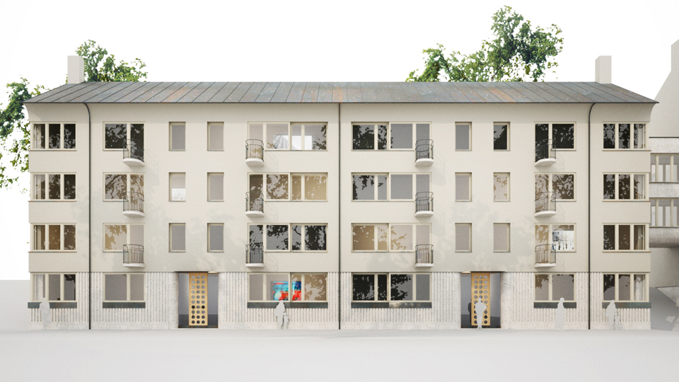 Flerbostadshus med fyra plan, vit fasad, illustration.