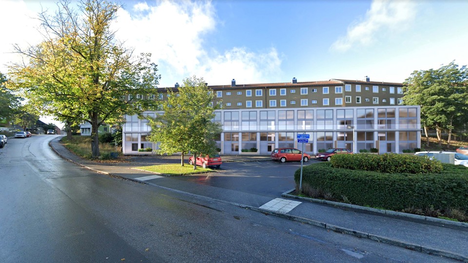 Vy mot bostadshus, parkering, träd, bilväg, illustration.