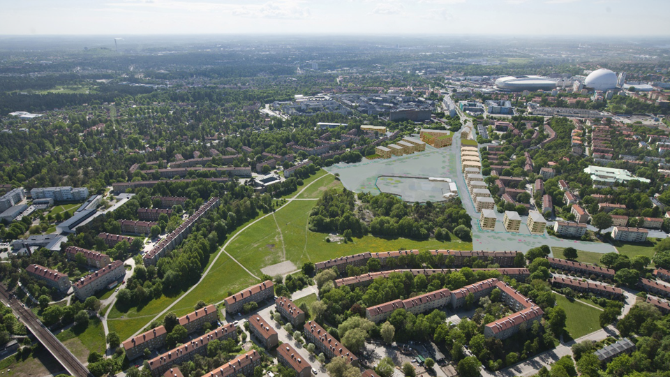 Flygbild över gärdet med föreslagna och befintliga byggnader