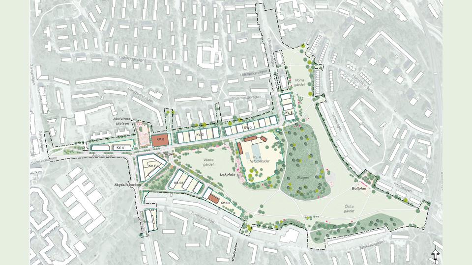 Karta över planområdets byggnad, torg och gator. 