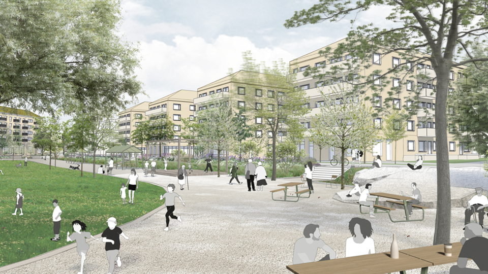 Parkrum med barn som leker och vuxna som sitter vid bänkar. 