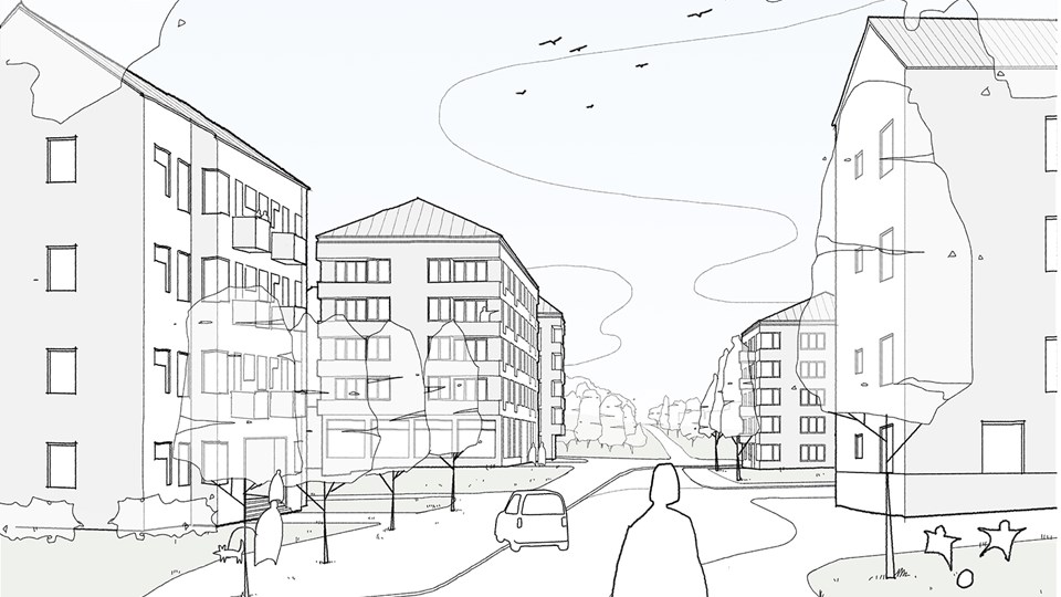 Illustrationen är vänd åt söder på Ulricehamnsvägen med sikt mot kullen på Nytorps gärde. Kvarter E och D syns förbi de befintliga byggnaderna i förgrunden.