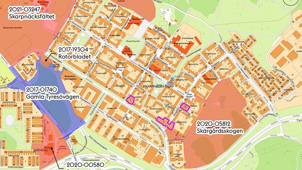 En karta som visar planområdets läge och avgränsning samt pågående detaljplaner i närområdet.