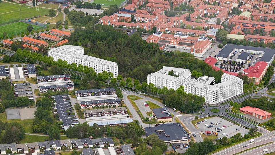Flygbild över bostadsområde.