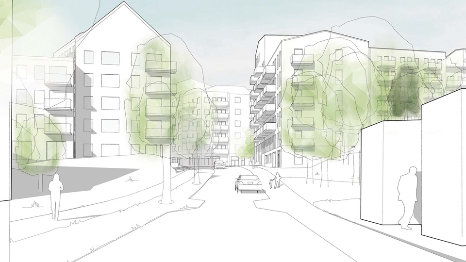 I mitten sträcker sig Zeppelinargatan inåt i bild. Balkonger syns på byggnadernas fasader. Förenklad illustration i vitt , balkonger, entréer och fönster markeras utan detaljer.