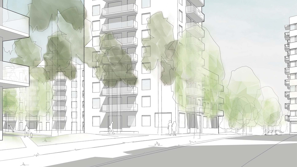 Gata omgiven av flerbostadshus med balkonger som frontar ut mot gatan. Träd och människor i rörelse. Förenklad skiss
