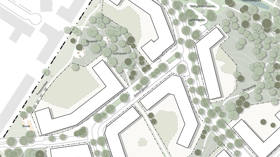 Kartskiss med markerad bostadsbebyggelse längs Trappstråket och Gröna gatan.  Träd och gröna områden runtom.