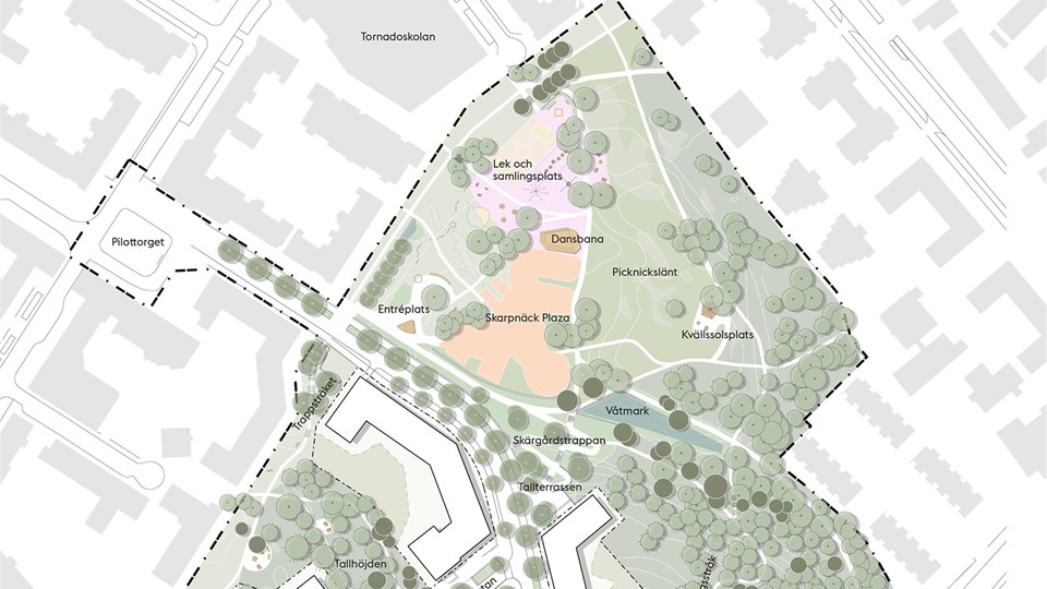 Kartbild som visar park med bland annat lekytor, dansbana, piazza, våtmark, och gröna ytor.